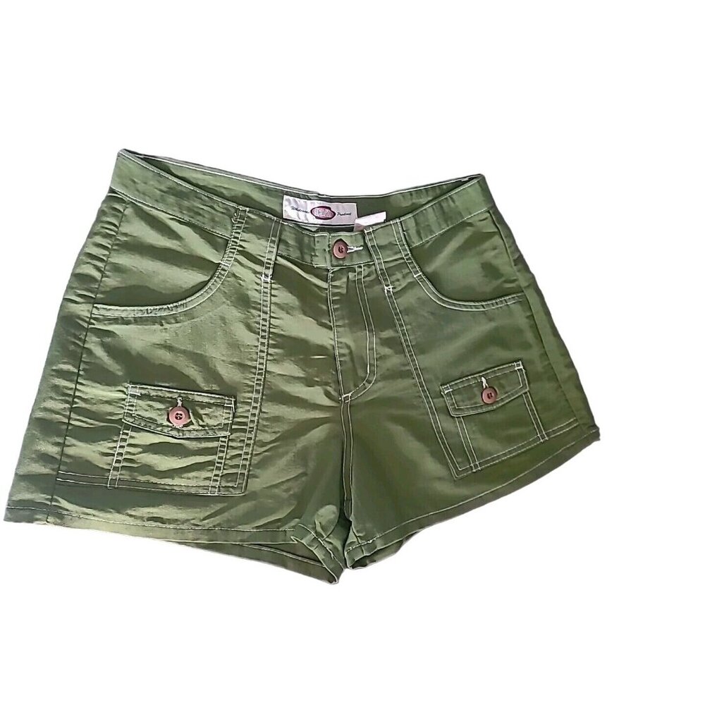 Chazz Vintage 90s Women High Waisted Olive Green Short Sz 9 Made USA 100% Nylon